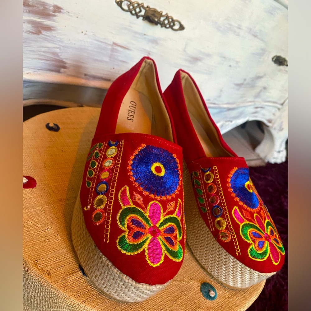 Guess Red Embroidered Platform Espadrilles